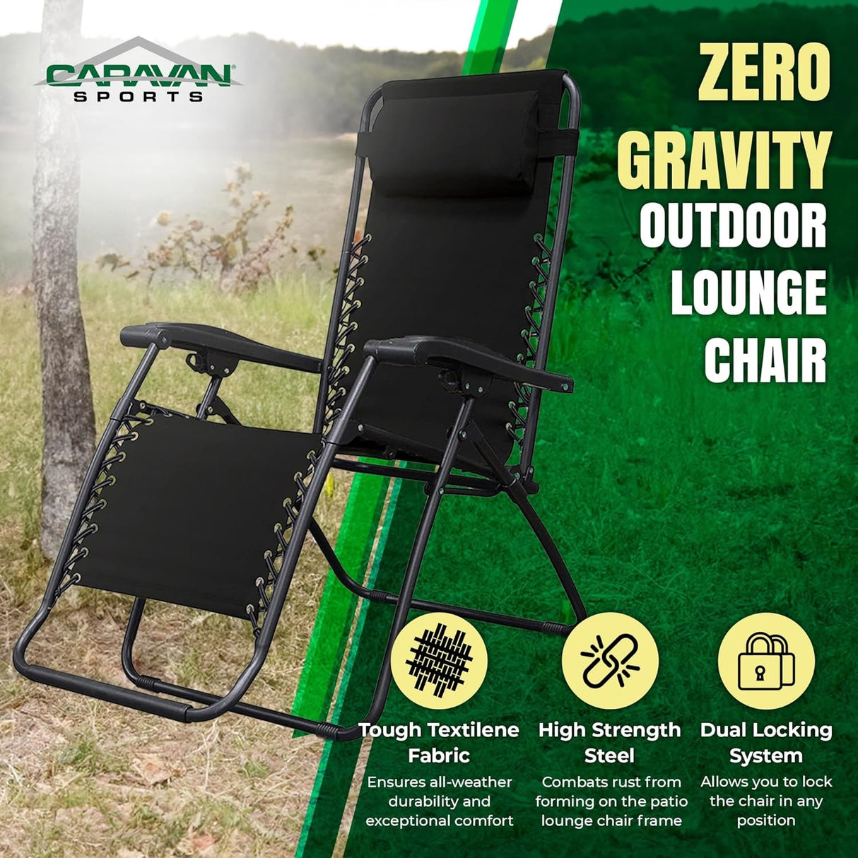 Zero Gravity Outdoor Lounge Chair. The tough textilene fabric ensures all-weather durability and exceptional comfort. The high strength steel combats rusts from forming on the patio lounge chair frame. The dual locking system allows you to lock the chair in any position. This shows the black chair option.
