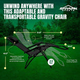 Unwind anywhere with this adaptable and transportable Gravity Chair. The adjustable headrest measures 31 inches and is provided for additional comfort or for use as lumbar support. Relax with the smooth recline function. The dual finger tip locking system to the bottom of the chair measures 14.5 inches. The width of the footrest measures 20.5 inches. The chair itself weighs 22 pounds.