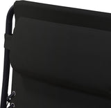 This is an up close view of the chair's headrest, as well as the black fabric color.