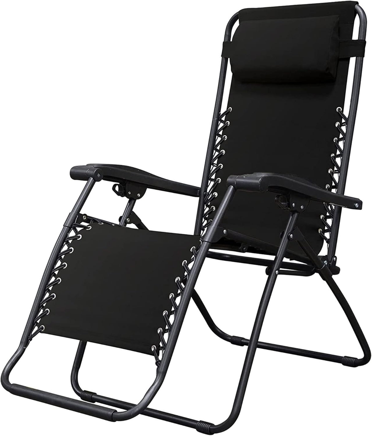 Folding recliner chair with a headrest. There are different color options. This image shows a black frame chair with black sling fabric.
