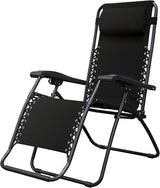 Folding recliner chair with a headrest. There are different color options. This image shows a black frame chair with black sling fabric.