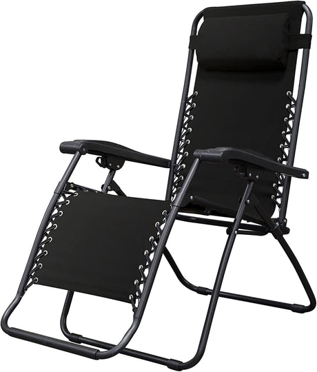 Folding recliner chair with a headrest. There are different color options. This image shows a black frame chair with black sling fabric.