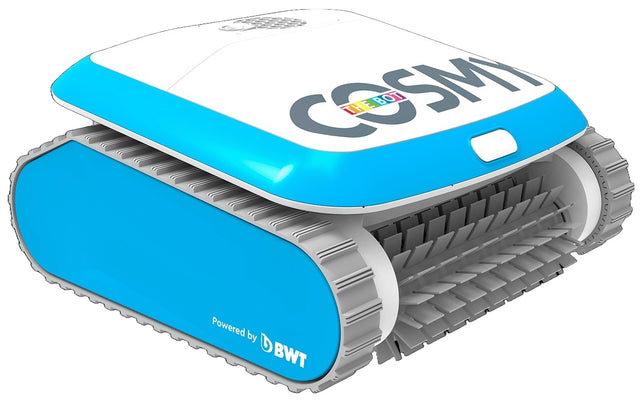 A blue and white Cosmy Bot 200 robotic pool cleaner with visible wheels, sensors, and branding on the side.