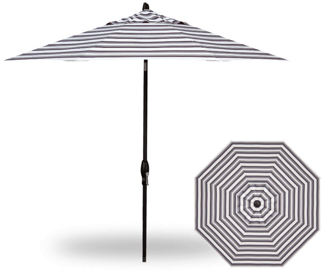 Round market umbrella with a black frame and a charcoal, white and light gray striped fabric.