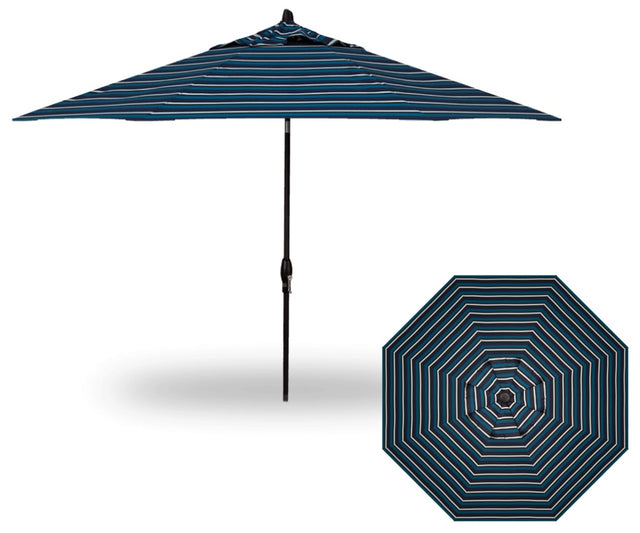 Octagon-shaped umbrella with a black frame and a blue, navy, dark blue and white striped fabric.