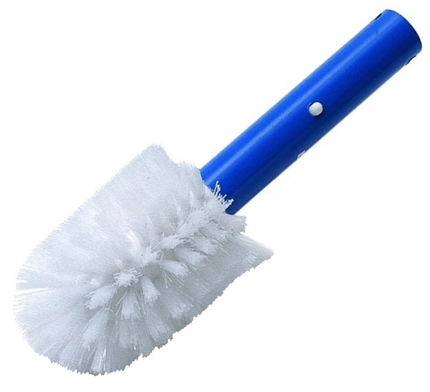 Nylon pool brush. Handle is blue and the bristles are white. Brush handle is not included.