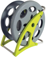 This image shows what the pool hose reel looks like on a white background. The pool hose holder is gray and a lime green color.