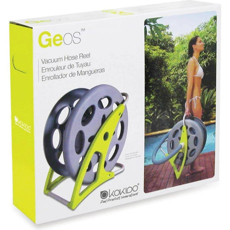 This image shows what the pool hose reel packaging looks like. It reads "Geos Vacuum Hose Reel."