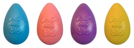 Four blow mold Easter egg decorations. One egg is blue. One egg is pink. One egg is purple. One egg is yellow. Each egg features a smiling bunny