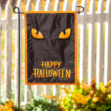Outdoor Halloween flag. Features an orange border and a shiny, black background. It also features two bright, yellow-orange eyes and a message that reads "HAPPY HALLOWEEN."