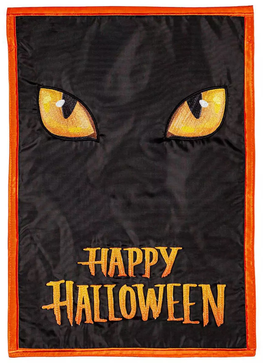 Outdoor Halloween flag. Features an orange border and a shiny, black background. It also features two bright, yellow-orange eyes and a message that reads "HAPPY HALLOWEEN."