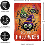 Outdoor Halloween flag. The background is orange and has a gray spiderweb. There are three large, smiling spiders and a message that reads "HAPPY HALLOWEEN." The spiders are all wearing colorful hats. One is pink, one is lime green and one is purple.