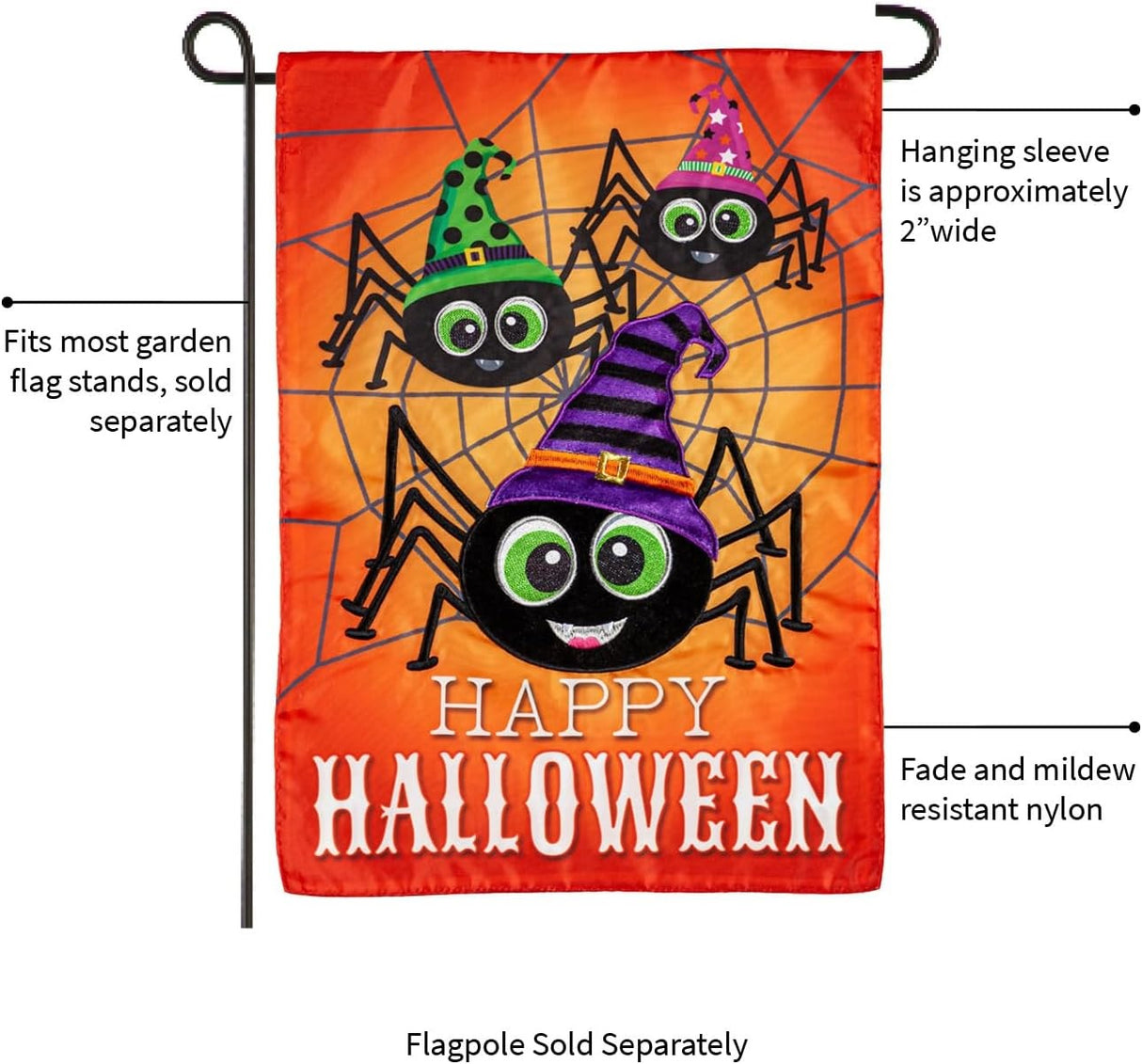 Outdoor Halloween flag. The background is orange and has a gray spiderweb. There are three large, smiling spiders and a message that reads "HAPPY HALLOWEEN." The spiders are all wearing colorful hats. One is pink, one is lime green and one is purple.