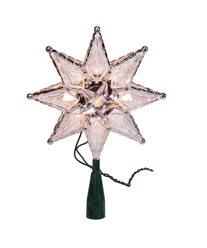 Clear tree topper star made up of three stars combined into one. Green, plastic base.
