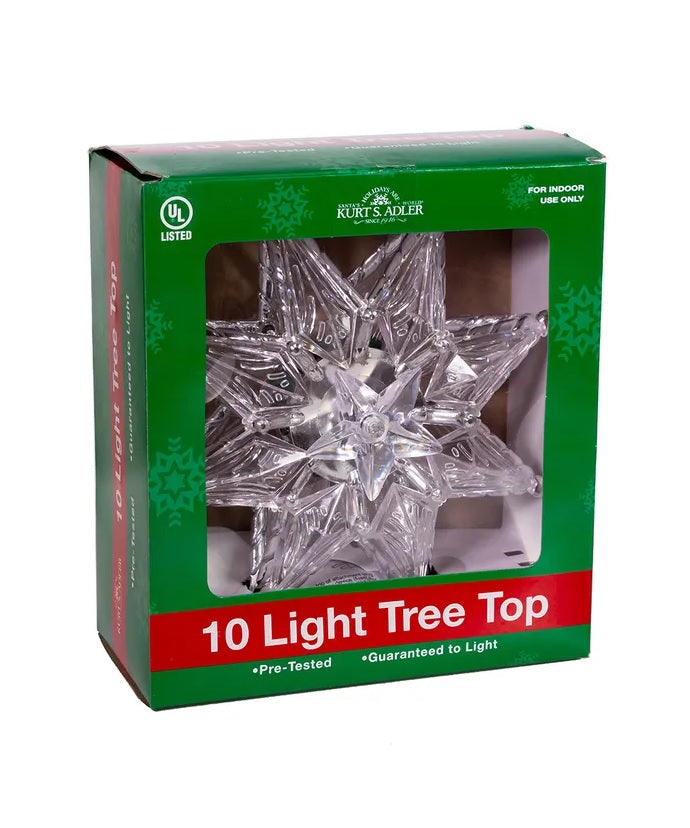Clear tree topper star made up of three stars combined into one. Green, plastic base.