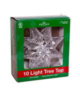 Clear tree topper star made up of three stars combined into one. Green, plastic base.
