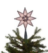 Clear tree topper star made up of three stars combined into one. Green, plastic base.