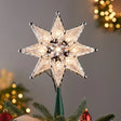 Clear tree topper star made up of three stars combined into one. Green, plastic base.