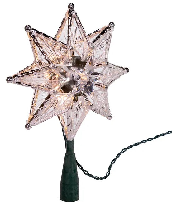 Clear tree topper star made up of three stars combined into one. Green, plastic base.
