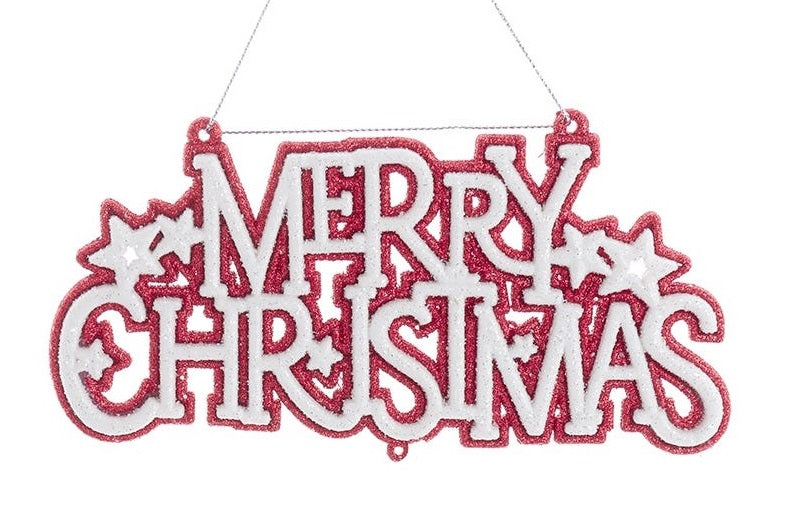 Ornament that reads "Merry Christmas" and features four stars. One ornament is white text on a red background. One ornament is red text on a white background.