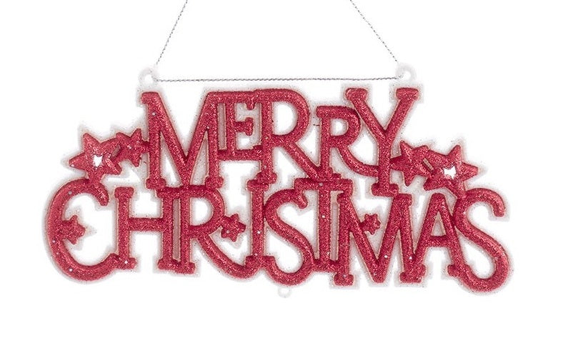 Ornament that reads "Merry Christmas" and features four stars. One ornament is white text on a red background. One ornament is red text on a white background.