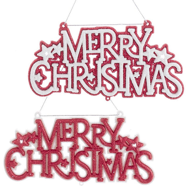 Ornament that reads "Merry Christmas" and features four stars. One ornament is white text on a red background. One ornament is red text on a white background.