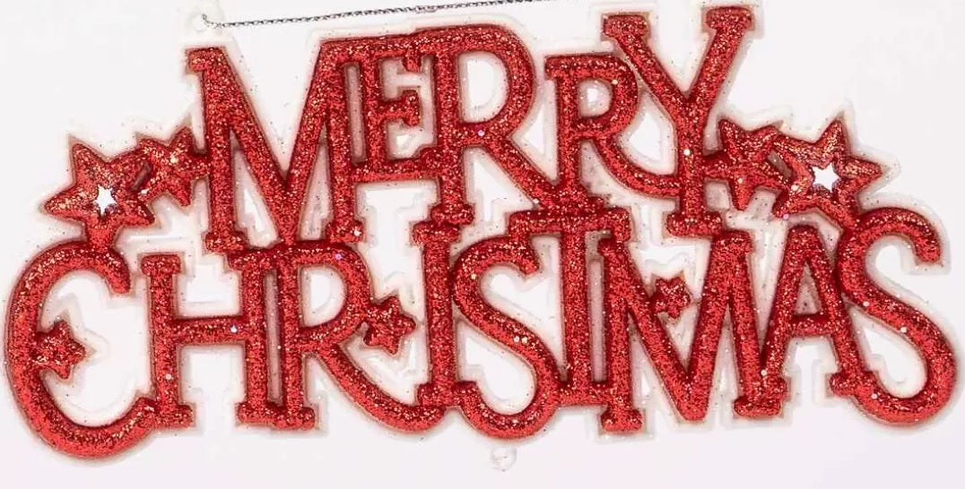 Ornament that reads "Merry Christmas" and features four stars. One ornament is white text on a red background. One ornament is red text on a white background.