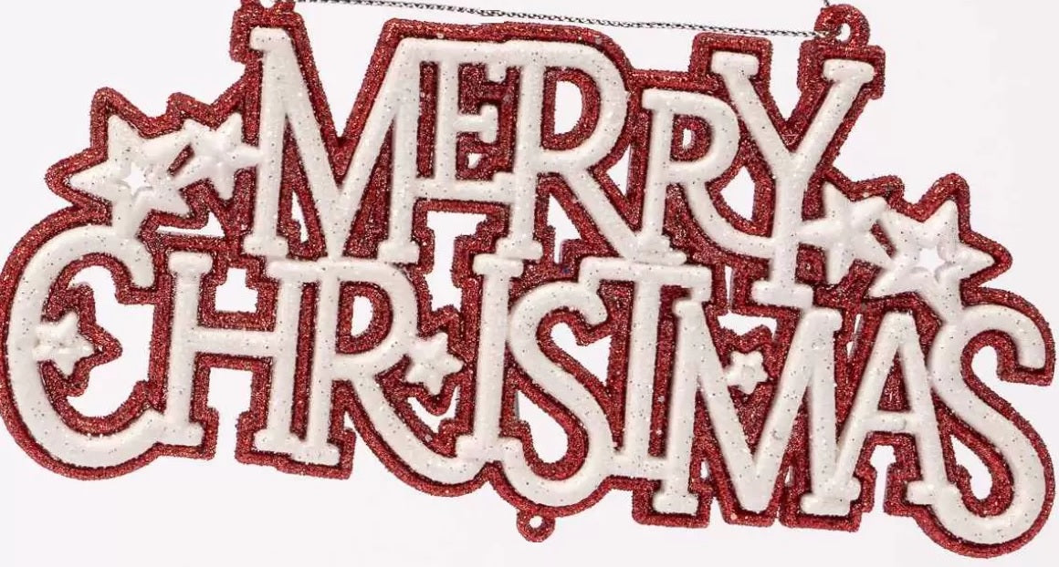 Ornament that reads "Merry Christmas" and features four stars. One ornament is white text on a red background. One ornament is red text on a white background.