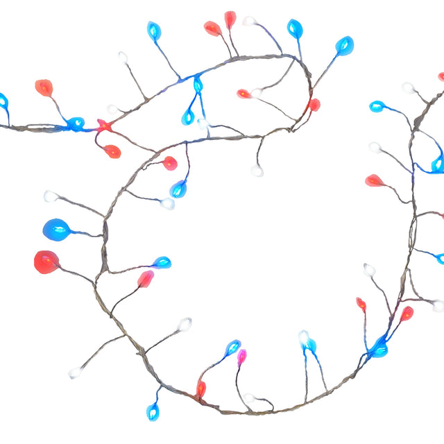 Battery operated lights that go from warm white to red, white and blue.