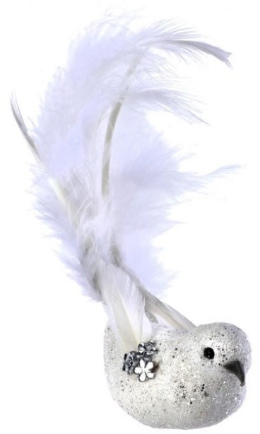 Ornament shaped like a silver glitter bird with a feather tail.