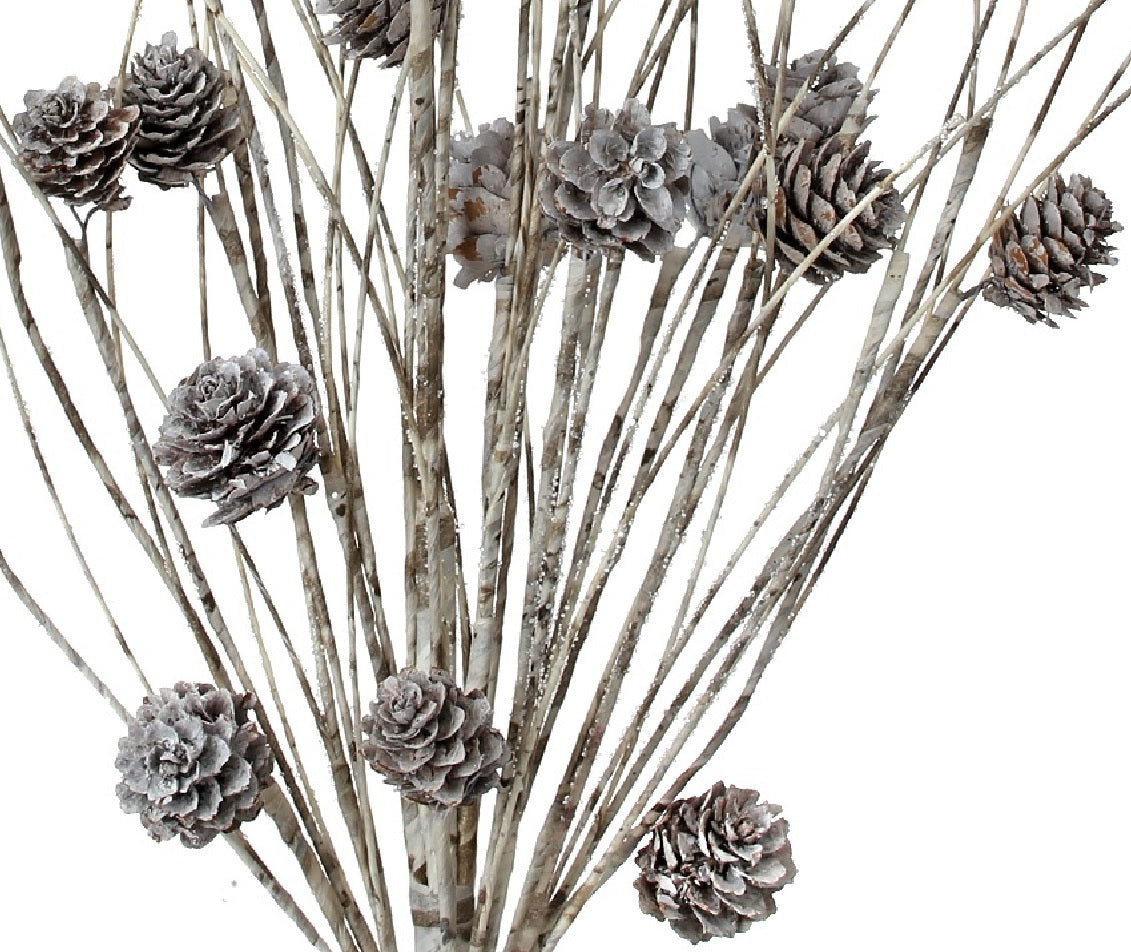 Decorative pick spray designed to look like it's made out snow-covered twigs and pine cones.