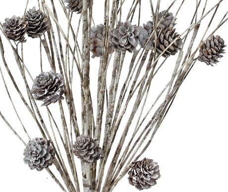 Decorative pick spray designed to look like it's made out snow-covered twigs and pine cones.