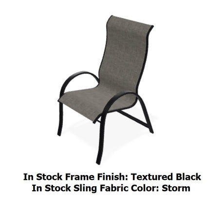 This image shows this patio dining chair on a white background. The image also reads "In Stock Frame Finish: Textured Black. In Stock Sling Fabric Color: Storm."
