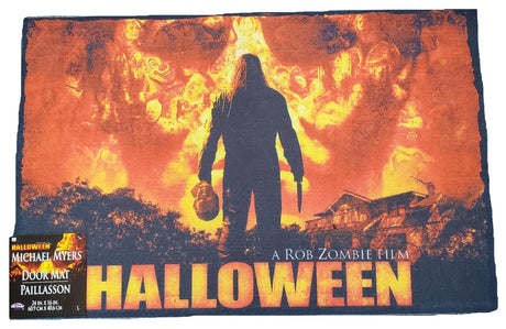 Rug for Halloween. There are two options. One is black with Ghost Face holding a knife. The other option is red and orange and reads "Halloween: A Rob Zombie Film." It has Michael Myers holding a knife in front of a home.