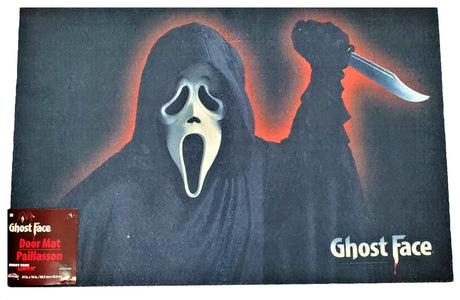 Rug for Halloween. There are two options. One is black with Ghost Face holding a knife. The other option is red and orange and reads "Halloween: A Rob Zombie Film." It has Michael Myers holding a knife in front of a home.