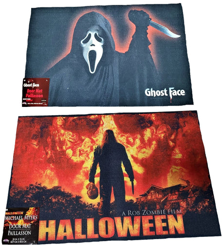 Rug for Halloween. There are two options. One is black with Ghost Face holding a knife. The other option is red and orange and reads "Halloween: A Rob Zombie Film." It has Michael Myers holding a knife in front of a home.