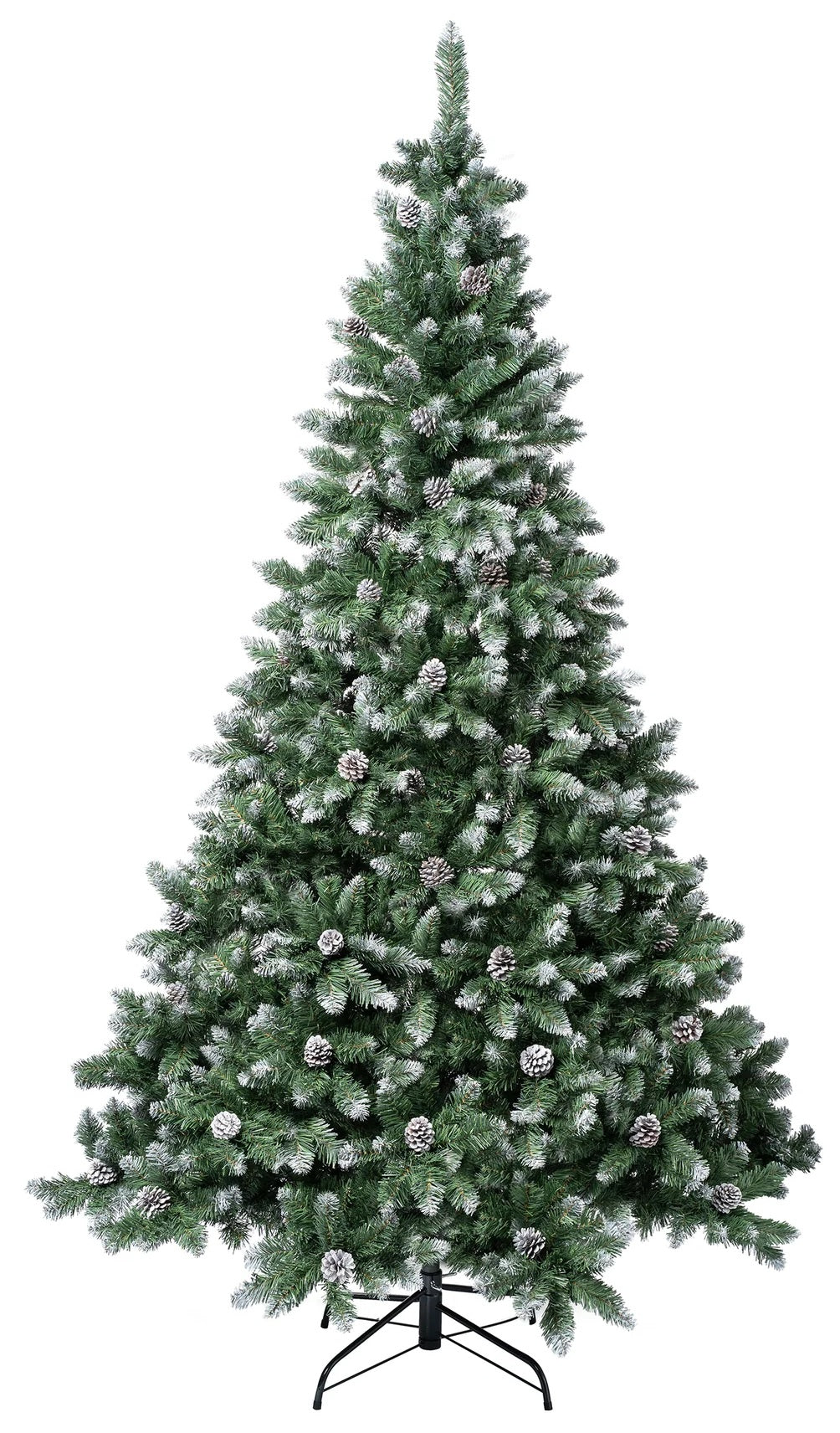 Artificial tree with pine cones and white on the branch tips to look like snow.
