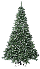 Artificial tree with pine cones and white on the branch tips to look like snow.