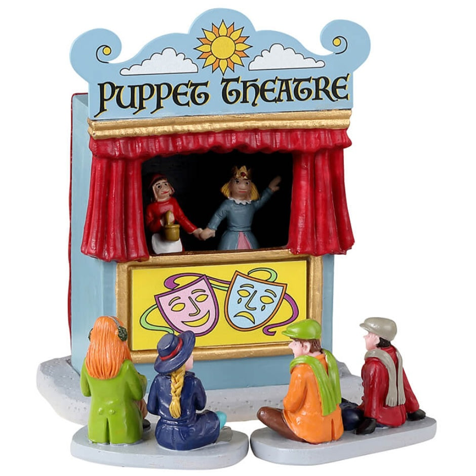 Resin village accent for a Lemax display. Designed to look like a booth decorated to look like a mini theatre with a red curtain. There are two puppets inside and four kids watching.
