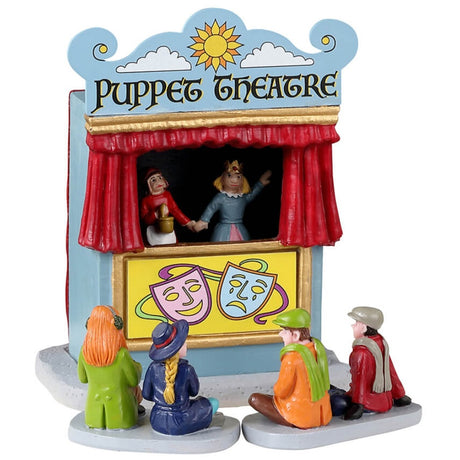 Resin village accent for a Lemax display. Designed to look like a booth decorated to look like a mini theatre with a red curtain. There are two puppets inside and four kids watching.
