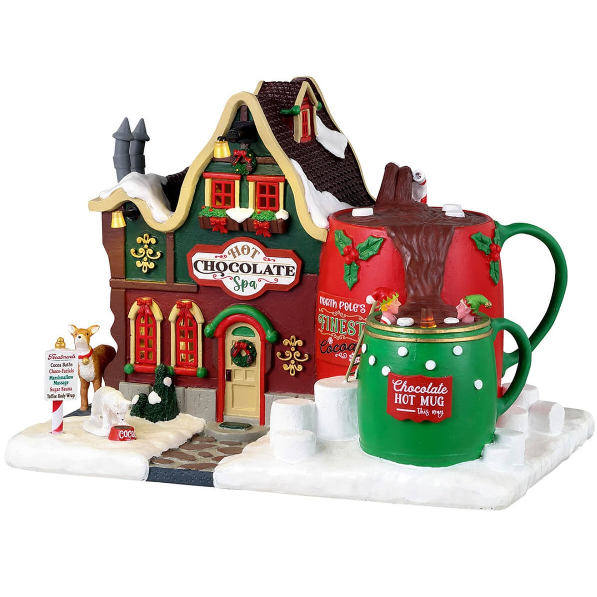 Resin lighted building for a Lemax display. Designed to look like a spa made out of mugs and hot chocolate. The snow is made out of marshmallows.