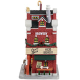 Porcelain lighted building for a Lemax display. Designed to look like a large, brick brewery. There are silver barrels of beer on the roof, decorated wreaths and garland and stools outside for patrons to enjoy drinking on the sidewalk by the bar.
