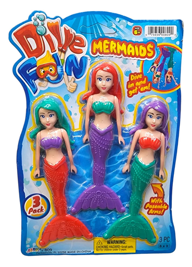 Pool diving toys shaped like mermaids. One mermaid has teal hair, a purple bra and a red tail. One mermaid has red hair, a teal bra and a purple tail. One mermaid has purple hair, a red bra and a teal tail. You get all three in a pack.