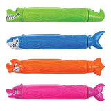 Water gun shaped like an underwater creature. One is a lime green crocodile, one is a blue shark, one is an orange angry fish and one is a pink dolphin.