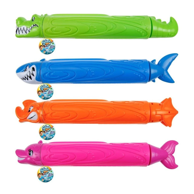 Water gun shaped like an underwater creature. One is a lime green crocodile, one is a blue shark, one is an orange angry fish and one is a pink dolphin.
