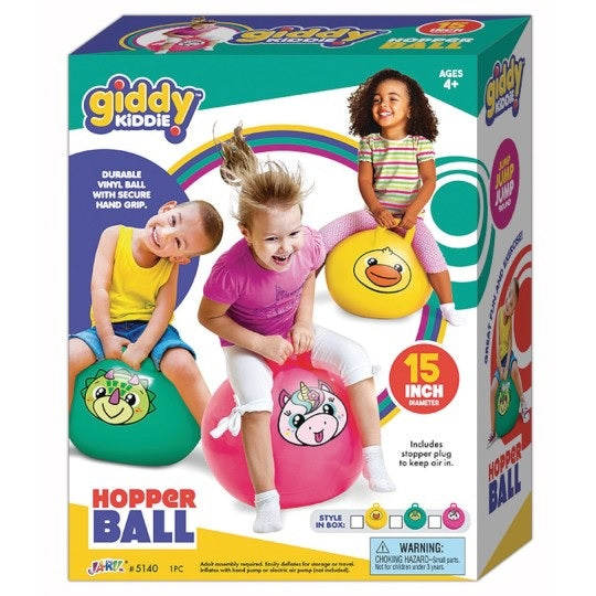 This is the box that the Ja-Rud Giddy Kiddie Hopper Ball comes in. It's a durable vinyl ball that kids can sit on, use the grip handle and bounce around. This box shows three different children on three different bouncy balls, smiling. It measures 15 inches. For ages 4+