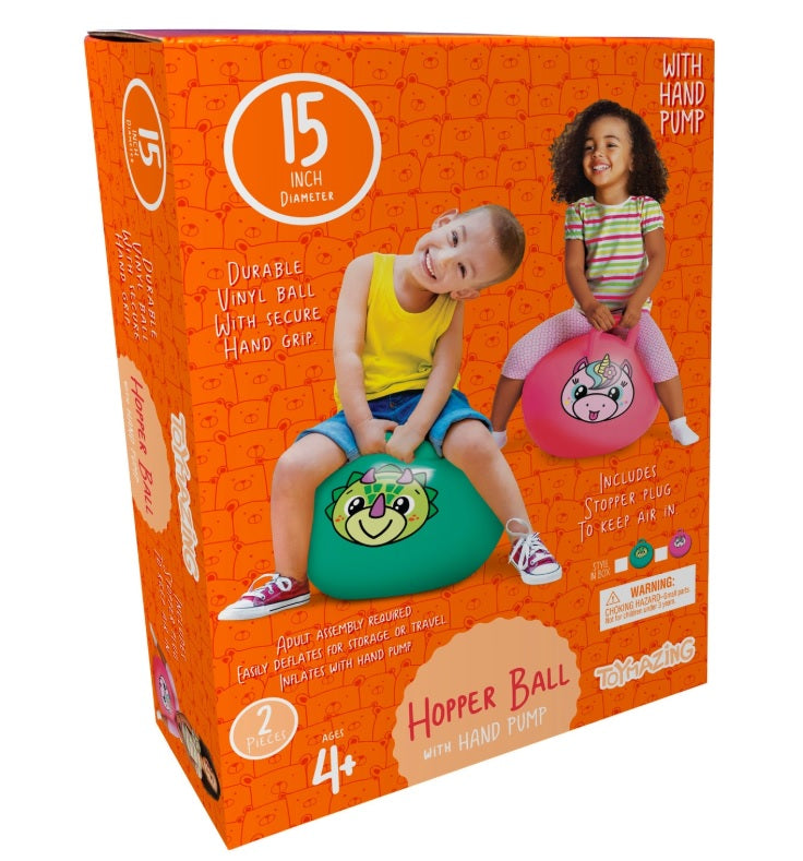 This is the box that the Ja-Rud Giddy Kiddie Hopper Ball comes in. It's a durable vinyl ball that kids can sit on, use the grip handle and bounce around. This box shows two different children on two different bouncy balls, smiling. It measures 15 inches. For ages 4+