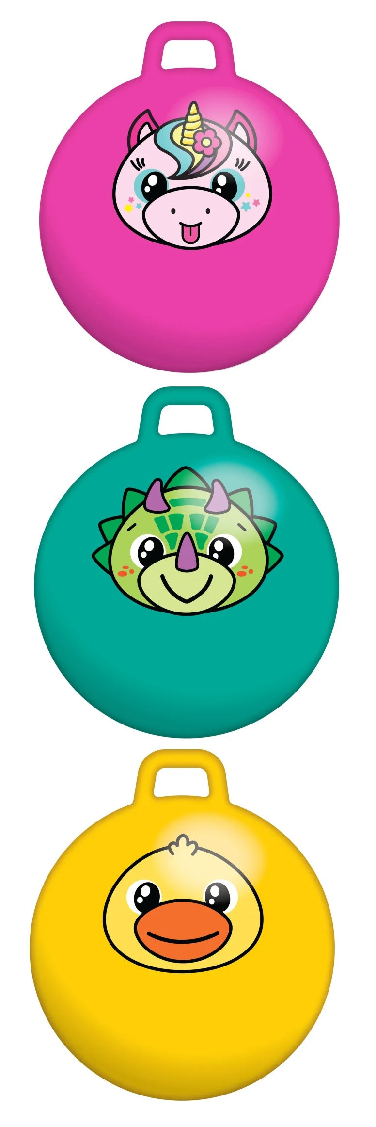 Vinyl ball that kids can use to bounce around. One is pink and features a cute rainbow unicorn with its tongue sticking out. One is teal and features a green and purple smiling triceratops dinosaur. One is yellow and features a smiling yellow duck face. Each ball has a grip handle for safety.