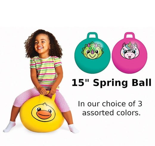 Vinyl ball that kids can use to bounce around. One is pink and features a cute rainbow unicorn with its tongue sticking out. One is teal and features a green and purple smiling triceratops dinosaur. One is yellow and features a smiling yellow duck face. Each ball has a grip handle for safety. This image shows a smiling little girl on the yellow Giddy Kiddie Hopper Ball.