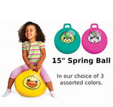 Vinyl ball that kids can use to bounce around. One is pink and features a cute rainbow unicorn with its tongue sticking out. One is teal and features a green and purple smiling triceratops dinosaur. One is yellow and features a smiling yellow duck face. Each ball has a grip handle for safety. This image shows a smiling little girl on the yellow Giddy Kiddie Hopper Ball.